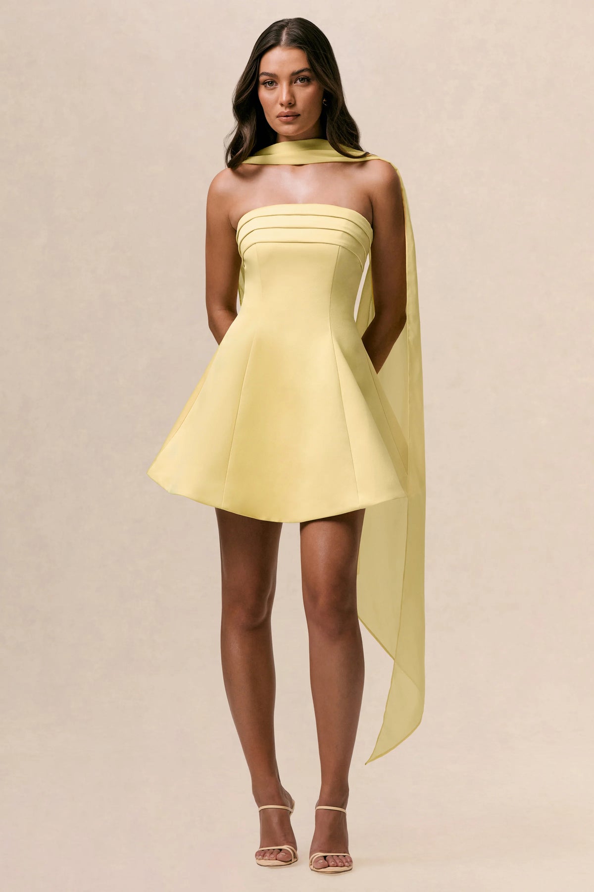 Love Me | Lemon Satin Skater Mini Dress With Chiffon Scarf