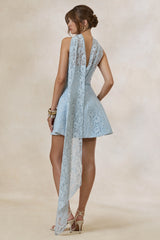 Elvara | Light Blue Lace Bandeau-Neck Mini Dress With Scarf Detail