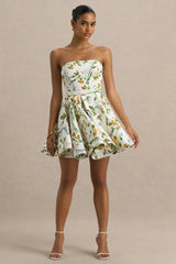Valerian | Lemon Floral Print Bandeau Mini Dress With Ruffle Hem