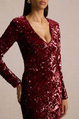 Ritz | Burgundy Sequin Plunge-Neck Mini Dress With Long Sleeves