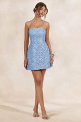 Bellina | Light Blue Embellished Bandeau-Neck Mini Dress