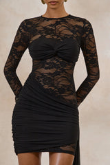 Milavia | Black Lace Crew-Neck Mini Dress With Wrap & Sash Detail