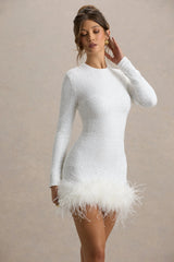 Claudia | White Sequin Crew-Neck Feather Hem Mini Dress With Long Sleeves