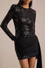 Florecita | Black Embellished Lace Crew-Neck Mini Dress With Sash Detail