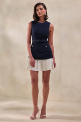 Anise | Navy Crew-Neck Belted Mini-Dress With White Pleated-Hem