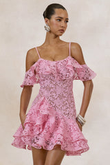 Lyris | Pink Lace Scoop-Neck Mini Dress With Ruffled Detailing