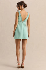 Amely | Green Plunge-Neck Mini Dress With Bow-Detail