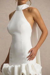 Geneve | White Halter-Neck Mini Dress With Ruffled Trim