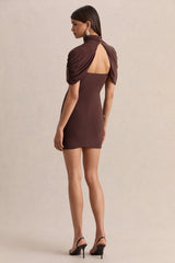Perdi | Brown Bodycon Mini Dress With Twisted Cape