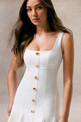 Love Yourself | White Square-Neck Mini Dress With Buttons