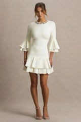 Mirna | Cream Crew Neck Mini Dress With Bell Sleeves And Ruffled Detailing