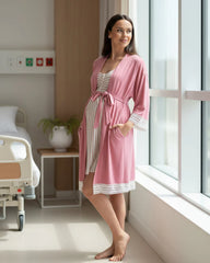 3-Piece Maternity Hospital Pack - Nightie/Robe/Baby Wrap in Pink