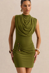 Flarissa | Green Round-Neck Mini Dress With Gold-Detail And Draped-Detailing