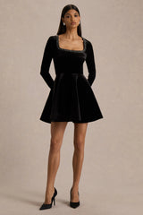 Beloved | Black Velvet Embellished Square-Neck Mini Dress