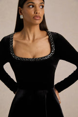 Beloved | Black Velvet Embellished Square-Neck Mini Dress