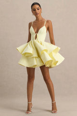 Flavia | Lemon Plunge-Neck Ruffled Skater Micro-Mini Dress