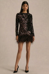 Stardust | Brown Sequined Velvet Crew-Neck Mini Dress With Feather Trim