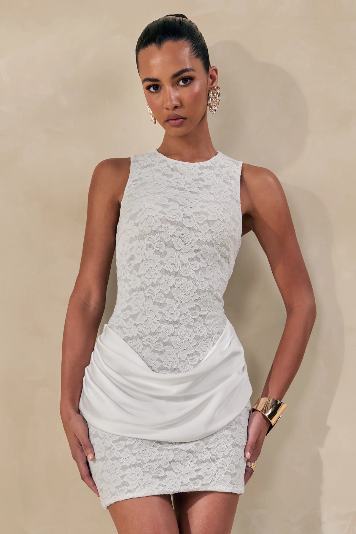 Setiana | White Lace Round-Neck Mini Dress With Draped-Detailing
