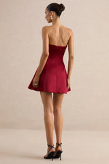 Lioray | Burgundy Satin Bandeau-Neck A-Line Mini Dress