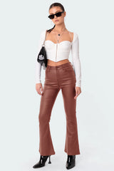 Petite Luna Faux Leather Mid Rise Flared Jeans