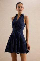Zyraline | Navy Plunge-Neck Mini Dress With Bow-Detail