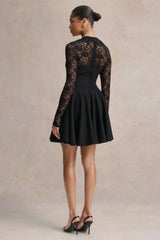 Elowen | Black Square-Neck Mini Dress With Lace-Sleeves