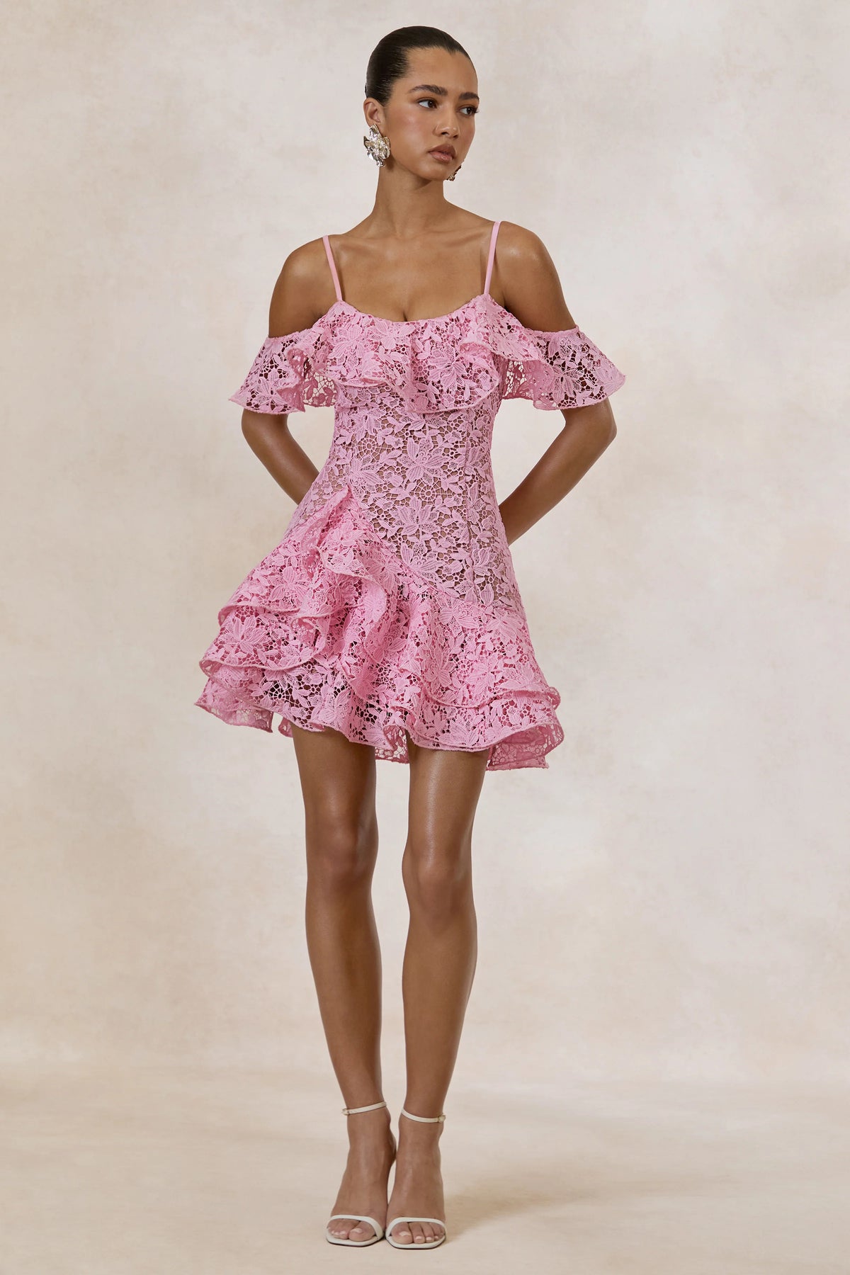 Lyris | Pink Lace Scoop-Neck Mini Dress With Ruffled Detailing