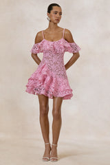 Lyris | Pink Lace Scoop-Neck Mini Dress With Ruffled Detailing
