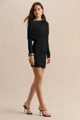 Anavine | Black Round-Neck Mini Dress With Long-Sleeves And Draped-Detailing