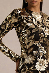 Lara | Black Velvet And Gold Embellished Sequin High-Neck Mini Dress With Feather Trim