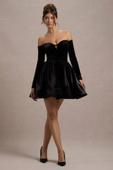 Ottie | Black Velvet Bardot Skater Mini Dress
