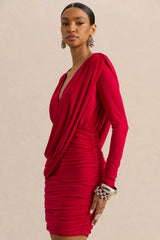 Ajana | Red Plunge-Neck Wrapped Mini Dress