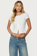 Odella Floral Ribbed Button Up Top