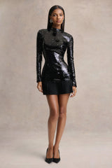 North | Black Sequin High-Neck Mini Dress With Pleats