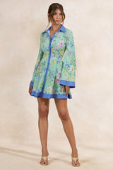 Ionee | Mint Floral Border Print Mini Shirt Dress