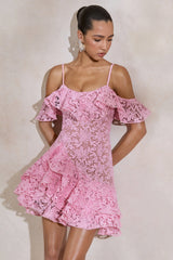 Lyris | Pink Lace Scoop-Neck Mini Dress With Ruffled Detailing