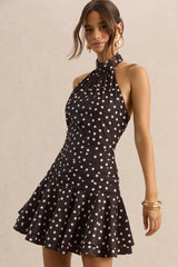 Florence | Brown and White Satin Halter-Neck Mini Dress