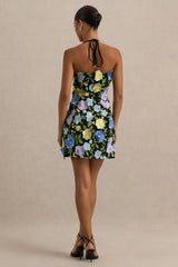 Aisha | Black Floral Embellished Square-Neck Mini Dress