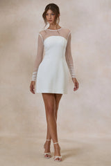 Unveila | White Crew-Neck Mini Dress With Mesh-Detailing