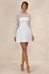 Aerin | White High-Neck Mini Dress With Long-Lace Sleeves