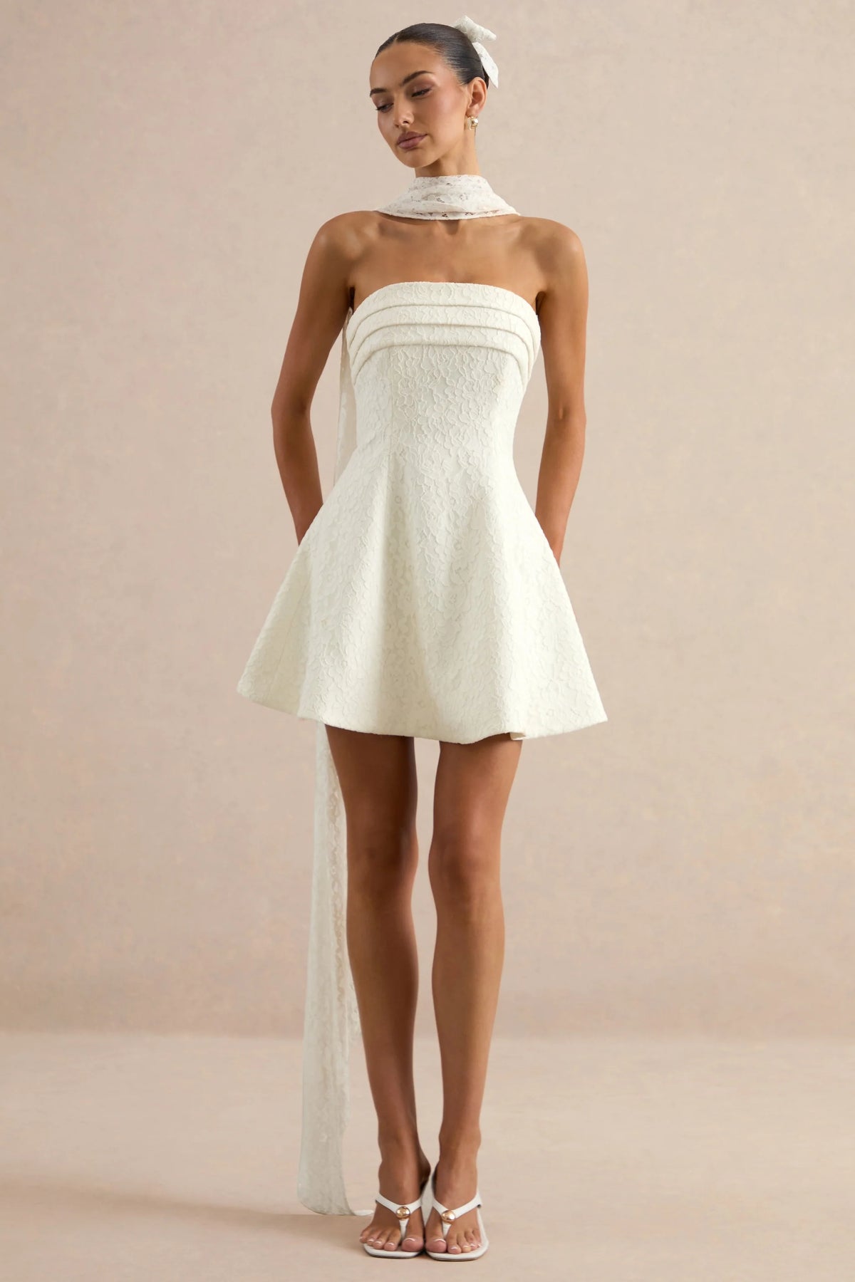 Elvara | White Lace Bandeau-Neck Mini Dress With Scarf Detail