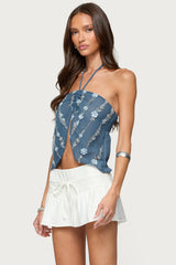 Beaded Floral Split Front Halter Top