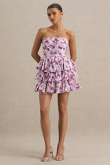 Swirl | Cream Floral Print Bandeau Puffball Mini Dress With Ruffle Detail