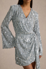 Carmina | Silver Sequin Plunge-Neck Wrap Mini Dress With Sash Detail