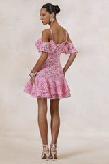 Lyris | Pink Lace Scoop-Neck Mini Dress With Ruffled Detailing