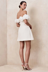 Florinda | White Boucle Floral-Bardot Neck Mini Dress