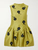 Floral-appliqué gathered satin mini dress