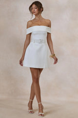 Cilly | White Bardot-Neck Mini-Dress With Belt-Detail