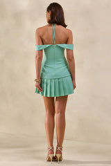 Celeta | Mint Bardot-Neck Mini Dress With Button-Detailing And Pleated-Hem