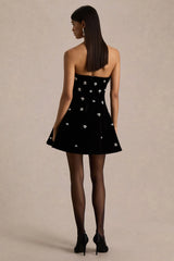 Tessa | Black Hand-Embellished Velvet Bandeau Mini Dress